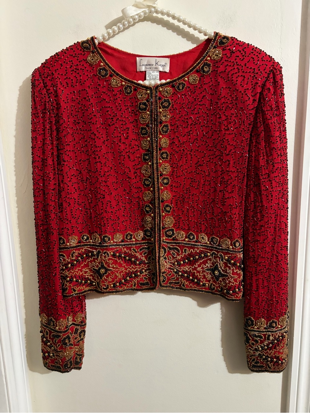 Vintage Laurence Kazar Red Beaded Embellished Cropped Jacket